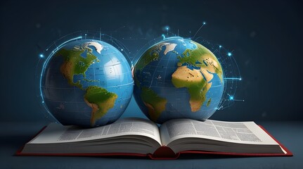 Futuristic global education with open book and globe map on blue background. generative.ai