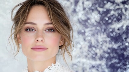 Naklejka premium Captivating portrait of a young woman with natural beauty against a soft sparkling background highlighting elegance and charm