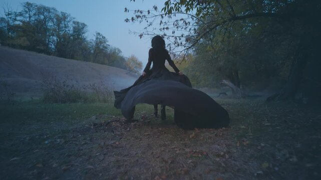 gothic woman queen running in fog dark forest black dress hem long train fluttering fly slow motion. Fantasy sexy girl vampire. Dusk night nature trees green grass field. Mystical lady back rear view