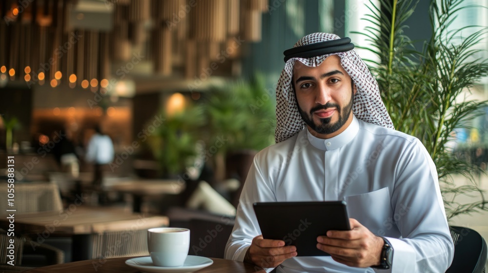 Poster a man dressed in traditional attire is focused on a tablet while seated at a stylish cafe table. a c