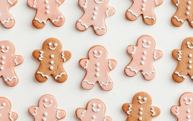 Watercolor gingerbread cookies in simple shapes, scattered over a light pastel background, soft holiday tones