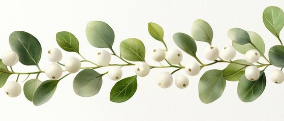 Obraz premium Delicate watercolor mistletoe branches, soft greens and white berries, floating on a light gray background, seamless pattern
