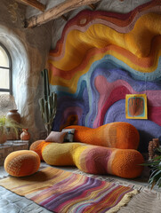 knitted living room design, knitted walls, knitted couch, modern design, unique colours, 32k uhd, maximalism