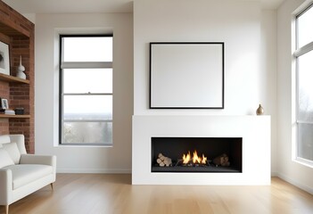 A modern living room with a large window, a fireplace, and a blank white frame on the wall.