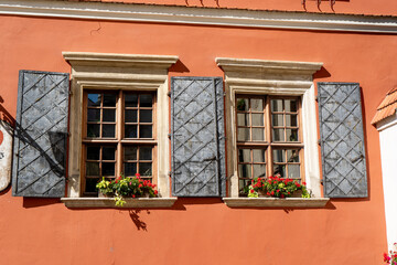 Metalic shutters on windows with flowers. Wall of bright color.