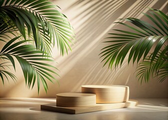 Minimalist Product Display with Wooden Podium and Tropical Palm Leaves for Natural Ambiance