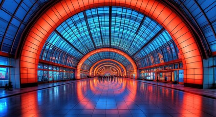 A visually striking, illuminated tunnel with vibrant red and blue lighting, creating a futuristic and symmetrical architectural design.