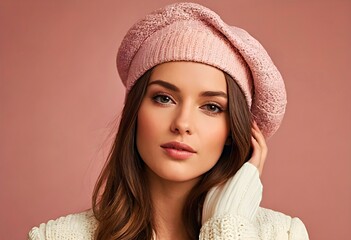 beautiful model girl in a beautiful stylish pink hat indoors