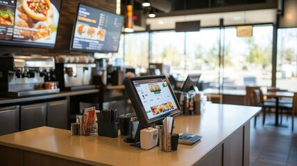 An advanced restaurant order system with a touchpad, card machine, and other devices in the kitchen area of an open-concept fast-food cafe.