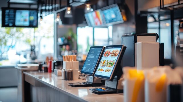 An advanced restaurant order system with a touchpad, card machine, and other devices in the kitchen area of an open-concept fast-food cafe.