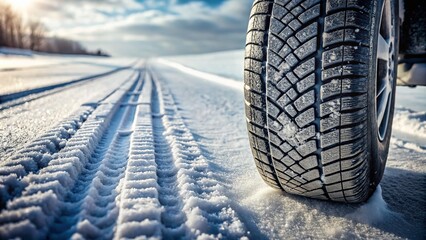 Minimalist Winter Scene with Tire Tread Marks on Snowy Road for Automotive and Seasonal Photography