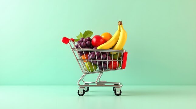 Fresh fruit in a mini shopping cart on a mint background. Healthy eating concept. Colorful and vibrant.