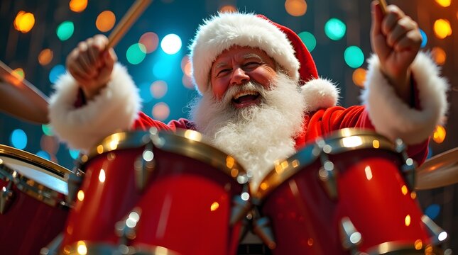 Jolly Santa rocks the drums! Festive beats fill the air, bringing Christmas cheer. A magical night!