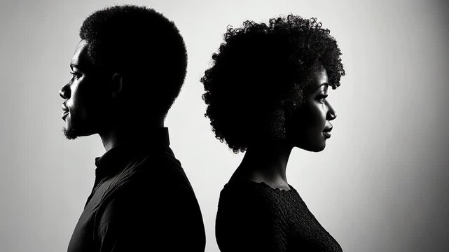 A man and woman stand side by side, facing opposite directions, against a plain background