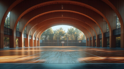 Eco-friendly sports complex with AI-powered fitness tracking devices, solar panels, and energy-efficient design