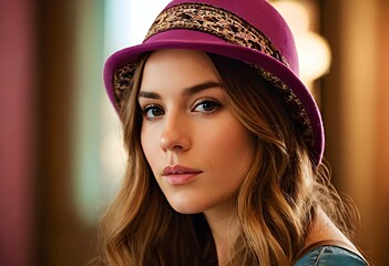 beautiful model girl in a beautiful stylish hat indoors