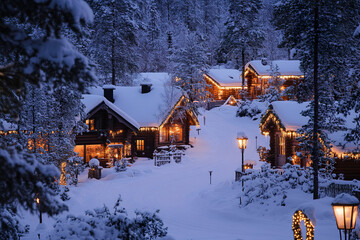 Fototapeta premium Cozy Scandinavian winter wonderland with snow covered cabins and festive holiday market lights