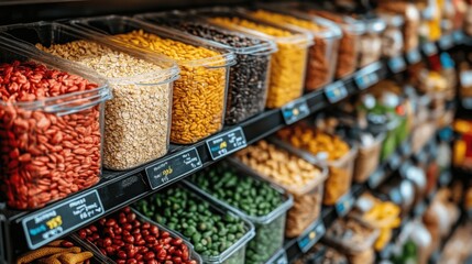 Customers browse dispensers filled with various cereals, nuts, and grains in a zero waste grocery store focused on sustainable and organic food options.