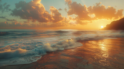 Sunset over tranquil coastline, waves crash on sandy shores generated by AI