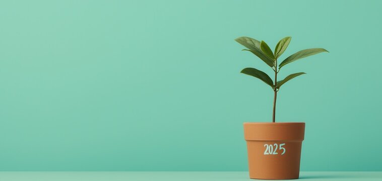 Green plant in a terracotta pot against a mint background.