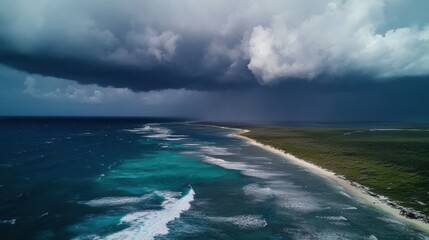 Dramatic coastal view under impending storm clouds at twilight