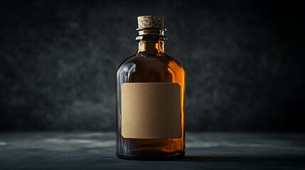 Round amber glass bottle mockup with blank label area, against a dark background for a vintage look