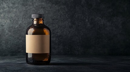 Round amber glass bottle mockup with blank label area, against a dark background for a vintage look