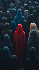 Obraz premium A red woman stands out in a crowd of people wearing a red robe