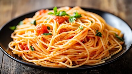 delicious appetizing classic spaghetti pasta with tomato sauce, parmesan.