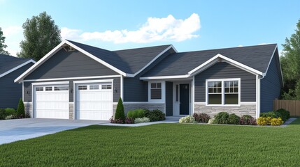 Fototapeta premium Charming suburban house with attached garage, a perfect blend of comfort and convenience in an ideal neighborhood