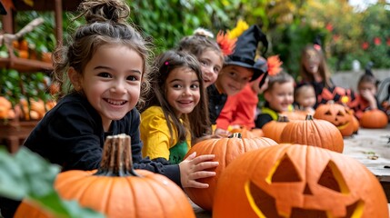 Kids in Costumes Celebrating Halloween with Pumpkins