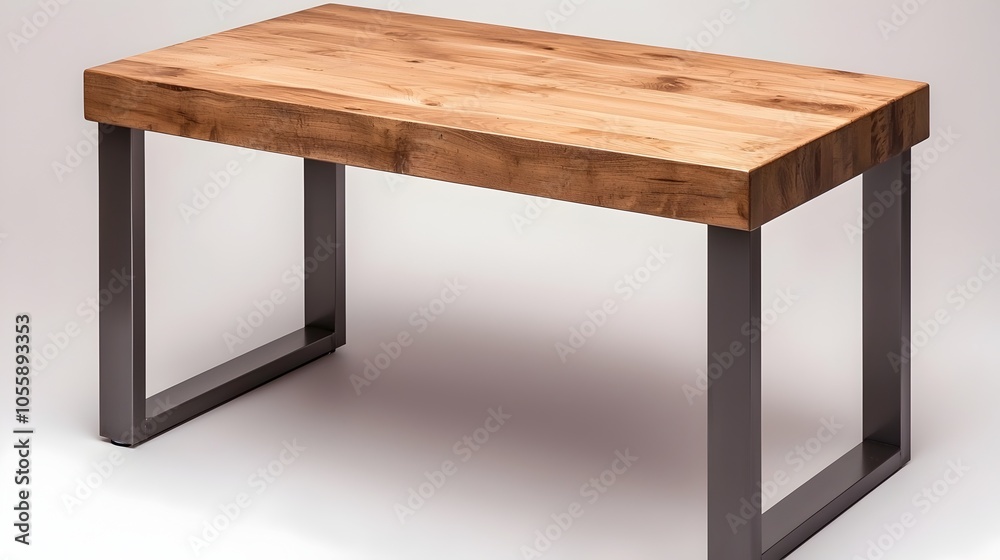 Poster sleek and modern minimalist office desk with a wooden surface and metal legs set against a clean whi