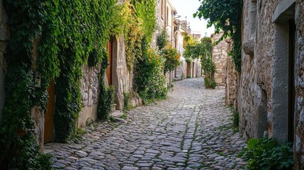 A cobblestone path meandering through an ancient village, with ivy-covered walls and traditional architecture peeking through.