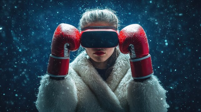 Woman wearing virtual reality headset and boxing gloves in snow