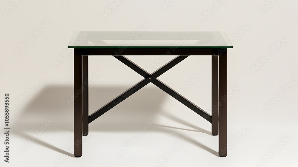 Poster stylish and minimalist glass top desk with metal frame placed on a plain white background showcasing