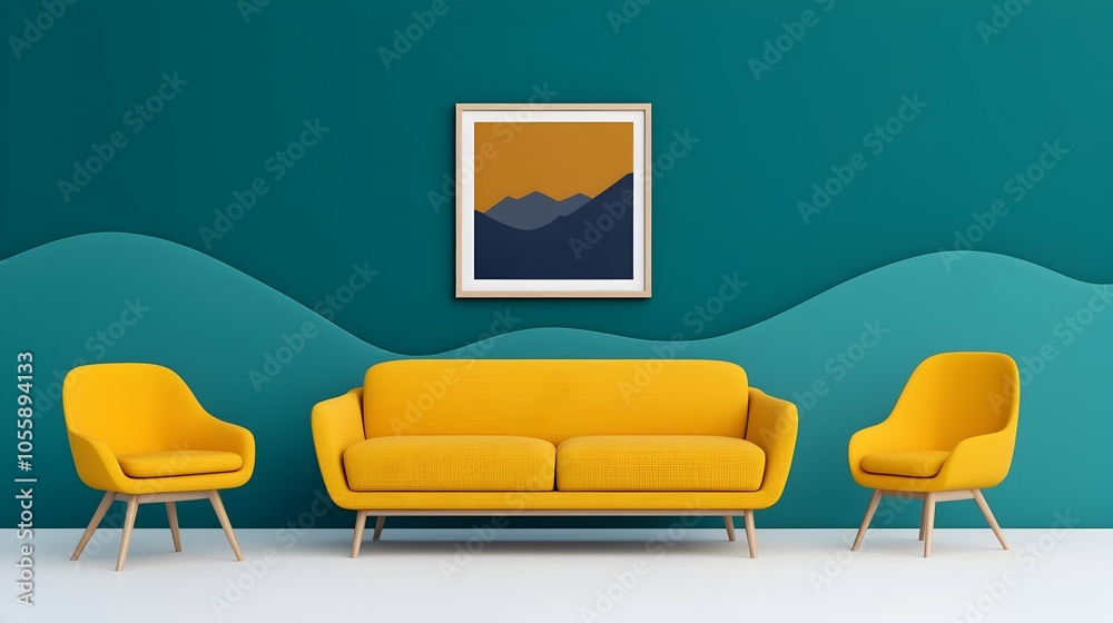 Aufkleber Bright and Airy Scandinavian Inspired Living Room Setting with a Comfortable Yellow Sofa Matching Chair and Teal Accent Wall Featuring a Poster Frame in a Wide Angle View