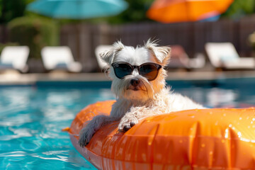 A small white Morkie dog wearing sunglasses lounging on an orange floaty in the pool on a summer day.