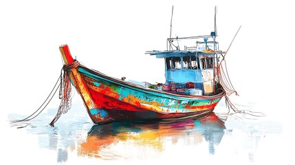 Obraz premium Traditional Colorful Wooden Fishing Boat on Water