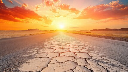 A deserted road in a sun-scorched flatland, with heatwaves distorting the horizon and the road surface appearing to melt in the distance
