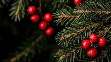 Frostcovered berries on evergreen branches, glistening in the cold winter sunlight, festive detail