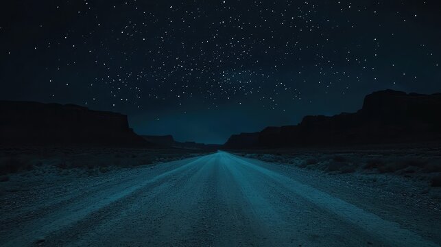 A desolate desert road under a starry night sky, stretching endlessly into the dark horizon with no visible destination