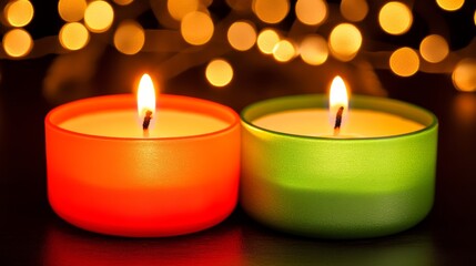 Two candles emit a warm glow against backdrop of twinkling lights, creating cozy and serene ambiance