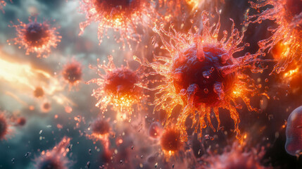 Fototapeta premium Close-up of a translucent human skull with red viruses invading, representing infection or disease, against a blurred background. Highly detailed, medical, and sci-fi themed