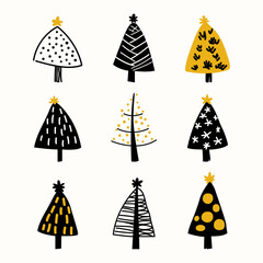 Set of minimalist Christmas trees in unique shapes, black, white and yellow color palette, vector illustration