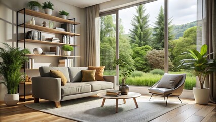 Fototapeta premium Modern Living Room with Cozy Reading Nook and Large Windows - Stylish Interior Design Inspiration