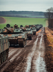 Naklejka premium A line of tanks are driving down a dirt road. The tanks are in a row and are moving in the same direction