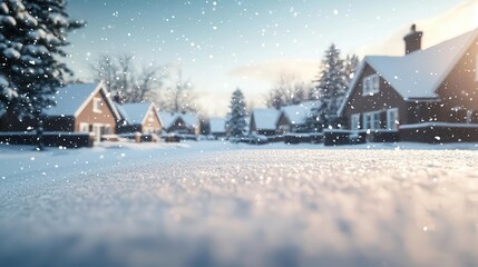 Fototapeta premium Frosty morning with sunlight sparkling on snowcovered rooftops, festive decorations visible in windows