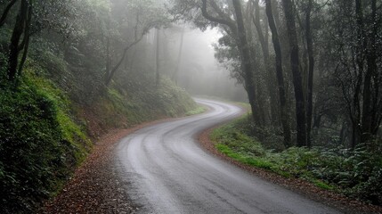 Obraz premium A foggy road winding through a dense forest, the path fading into the mist with no sign of what lies ahead