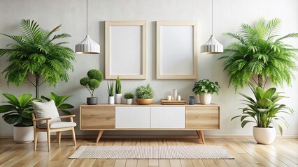 Fototapeta premium Modern Minimalist Living Room with Blank Poster Frames and Green Plants for Contemporary Decor