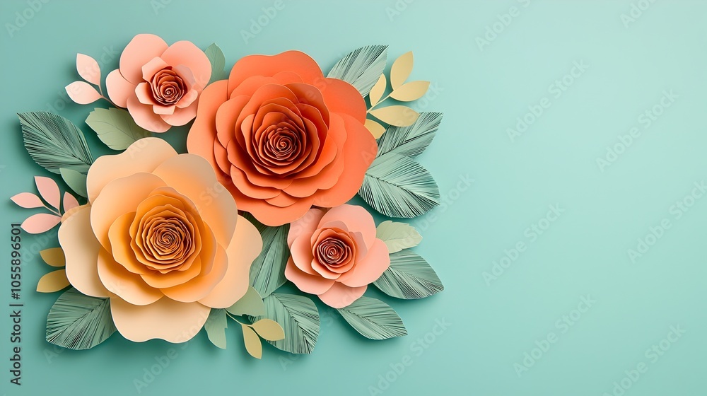 Aufkleber Elegant 3D paper cut flowers with soft shadows creating depth and texture on a serene pastel background  Digital with a modern minimalist botanical design